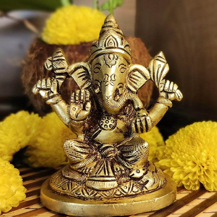 PujaCraft Brass Antique Traditional Small Setting Lord Ganesha Statue