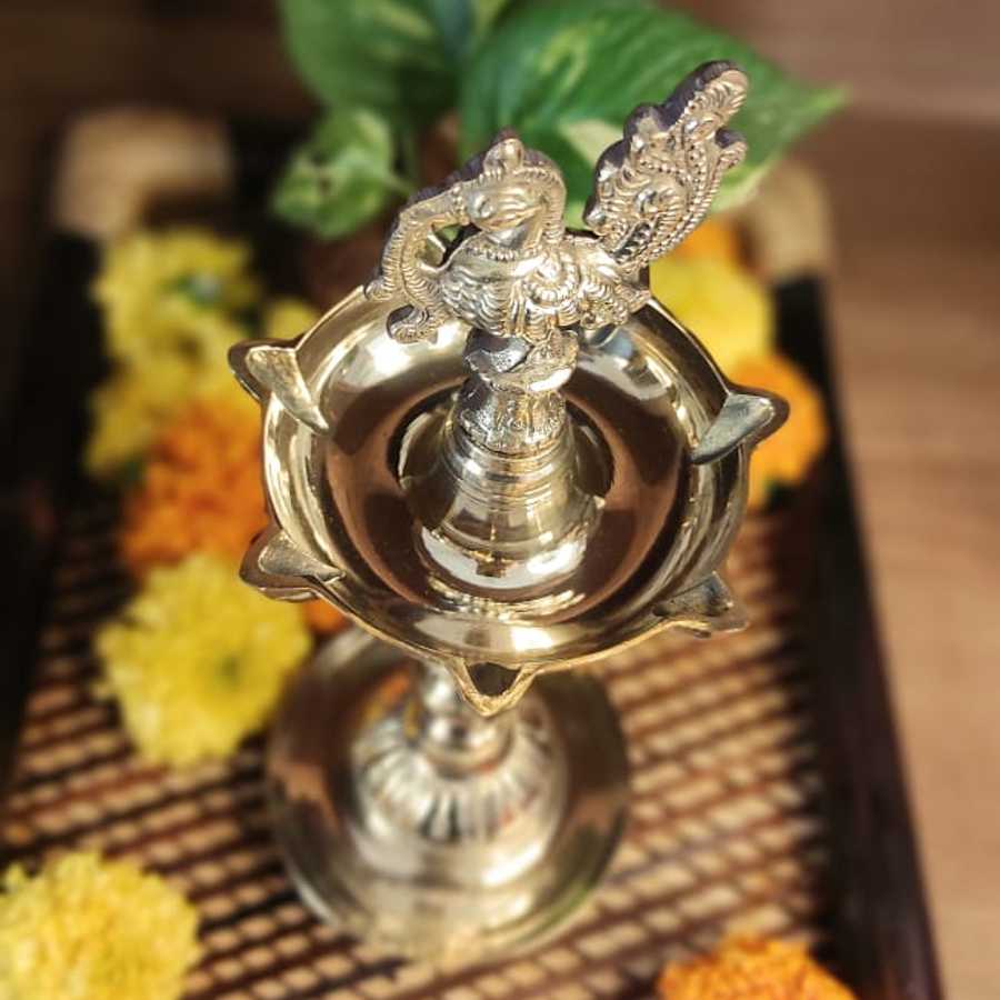 PujaCraft Brass Seven Muk Param Vilaku Deepam-Annam (Traditional Kuthu Vilaku, Height: 26cm , Width: 10cm , Weight: 500 Gram)