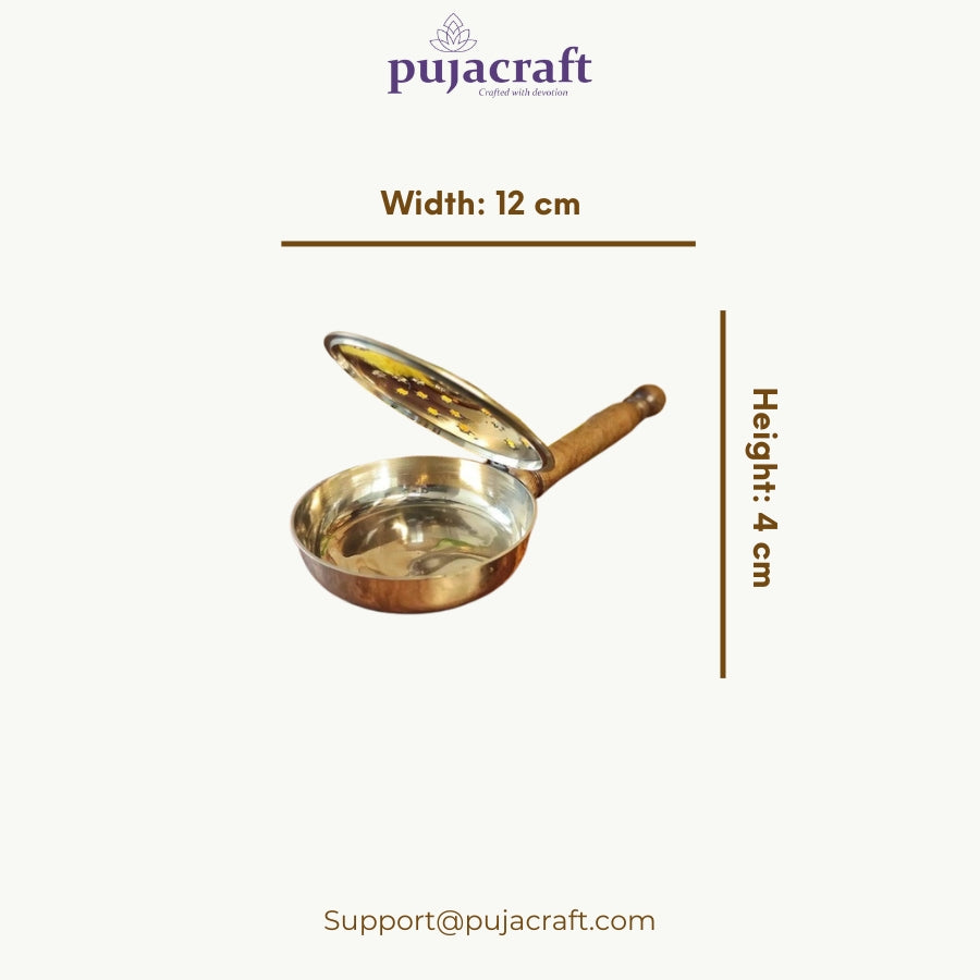 PujaCraft Antique Brass Sambrani Stand & Loban Dhoop Dani Burner | Aarti | ( Height: 4cm , Width: 12cm ,Weight : 400 Gram)er with Wooden Hand