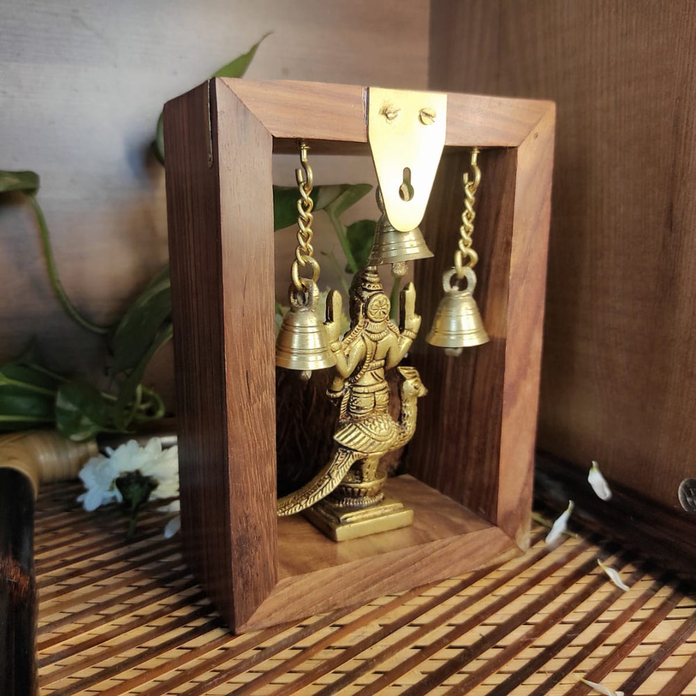 PujaCraft Brass Murugan Statue with Wooden Frame ( Width: 6cm, Height: 10cm, Weight: 300 Gram )