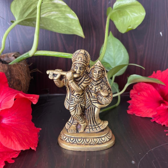 PujaCraft Brass Radha Krishna Standing with Cow Idol ( Width: 3cm, Height: 8cm. Weight: 325 Grams )