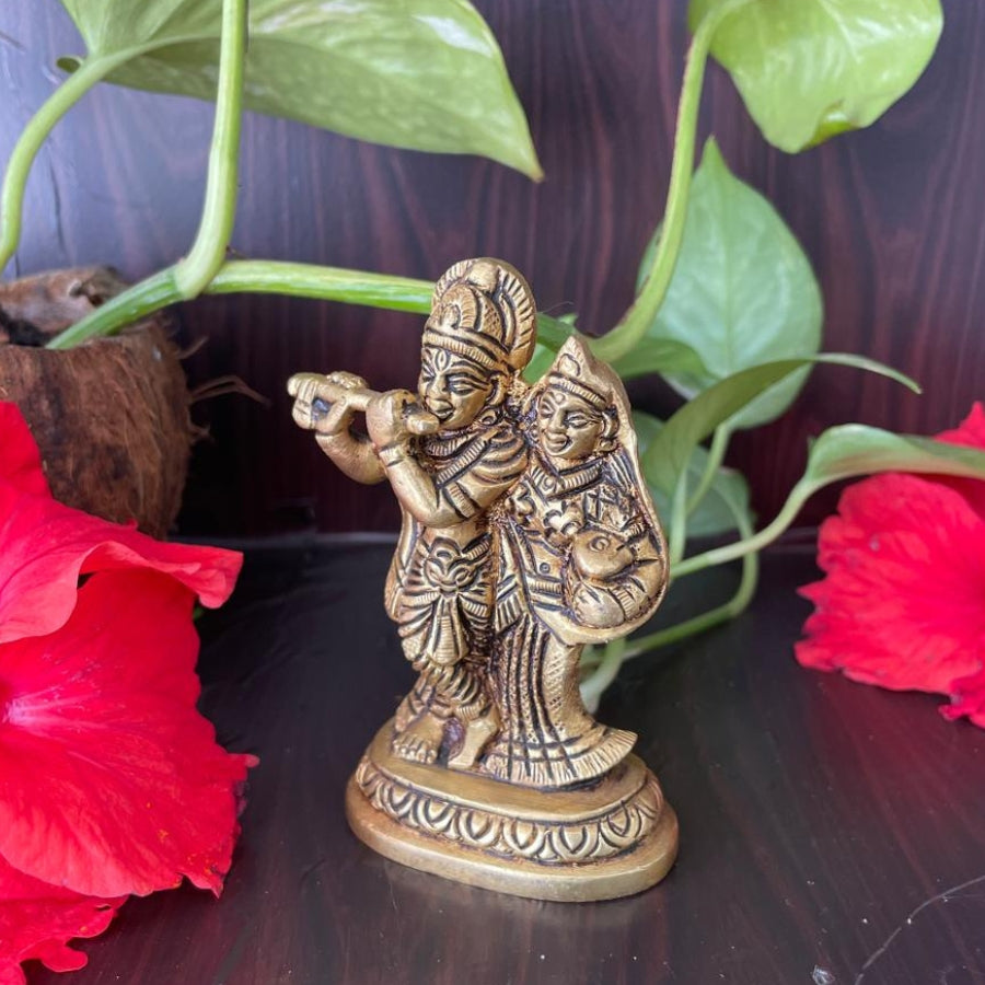 PujaCraft Brass Radha Krishna Standing with Cow Idol ( Width: 3cm, Height: 8cm. Weight: 325 Grams )