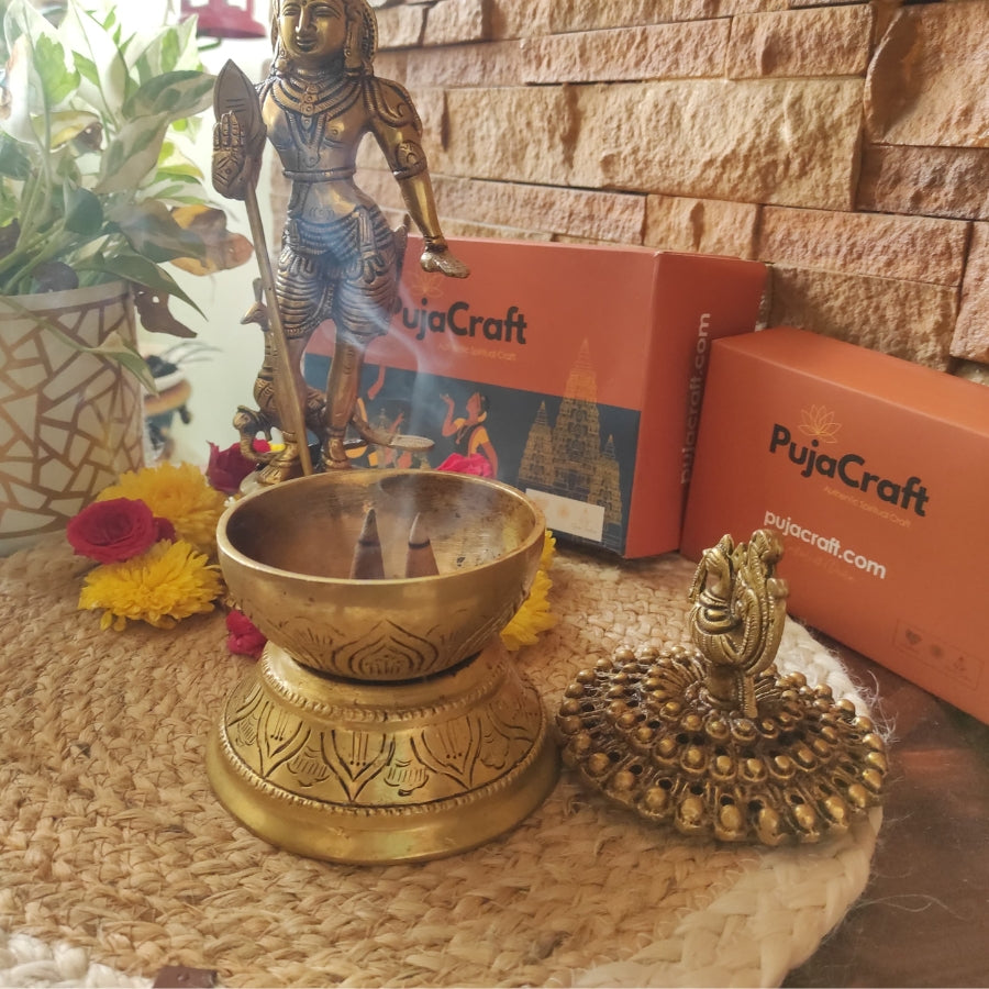 PujaCraft Premium Dhoop Incense Sticks | Fragrance - Chandan | Units with Holder | Panchgavya Organic 100% Cow Dung Dhoop Cones | Dhoop Cones for Pooja & Meditation