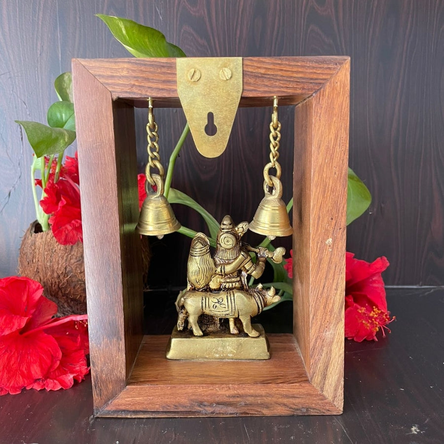 PujaCraft Brass RadhaKrishnan Idol with Wooden Frame ( Width: 3cm, Height: 8cm. Weight: 320 Grams )