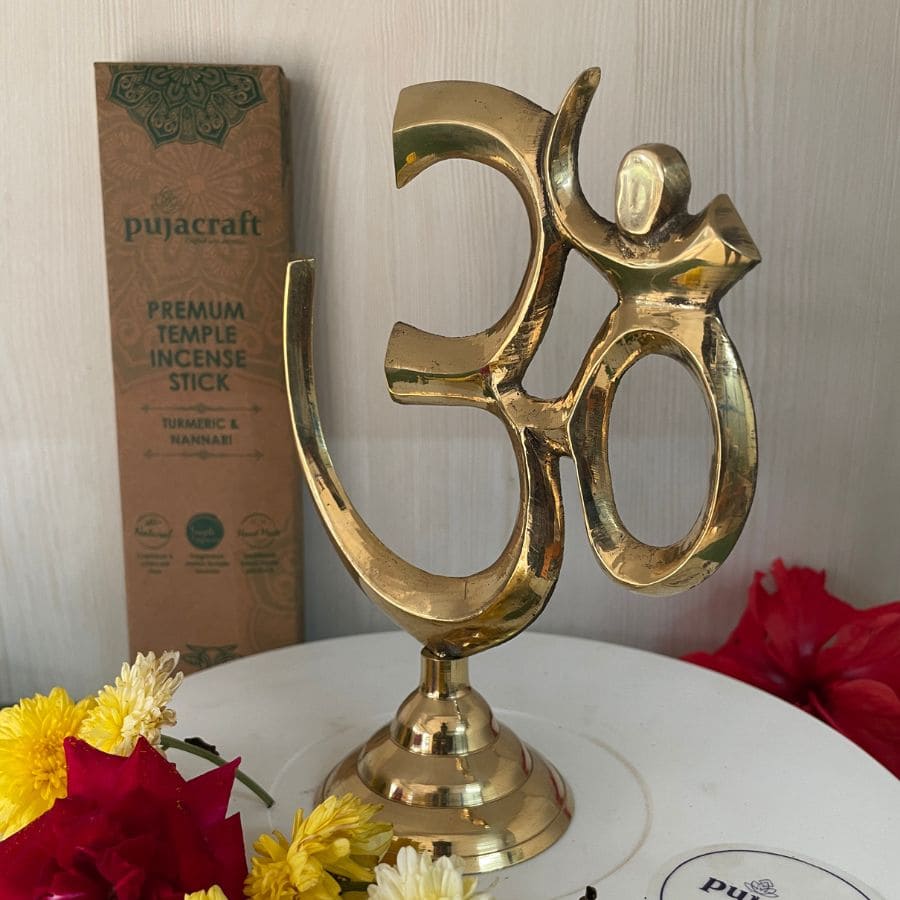 PujaCraft Brass Om Symbol with Stand ( Width: 13cm, Height: 18cm, Weight: 245 Grams )