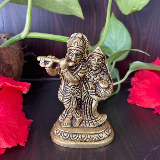 PujaCraft Brass Radha Krishna Standing with Cow Idol ( Width: 3cm, Height: 8cm. Weight: 325 Grams )