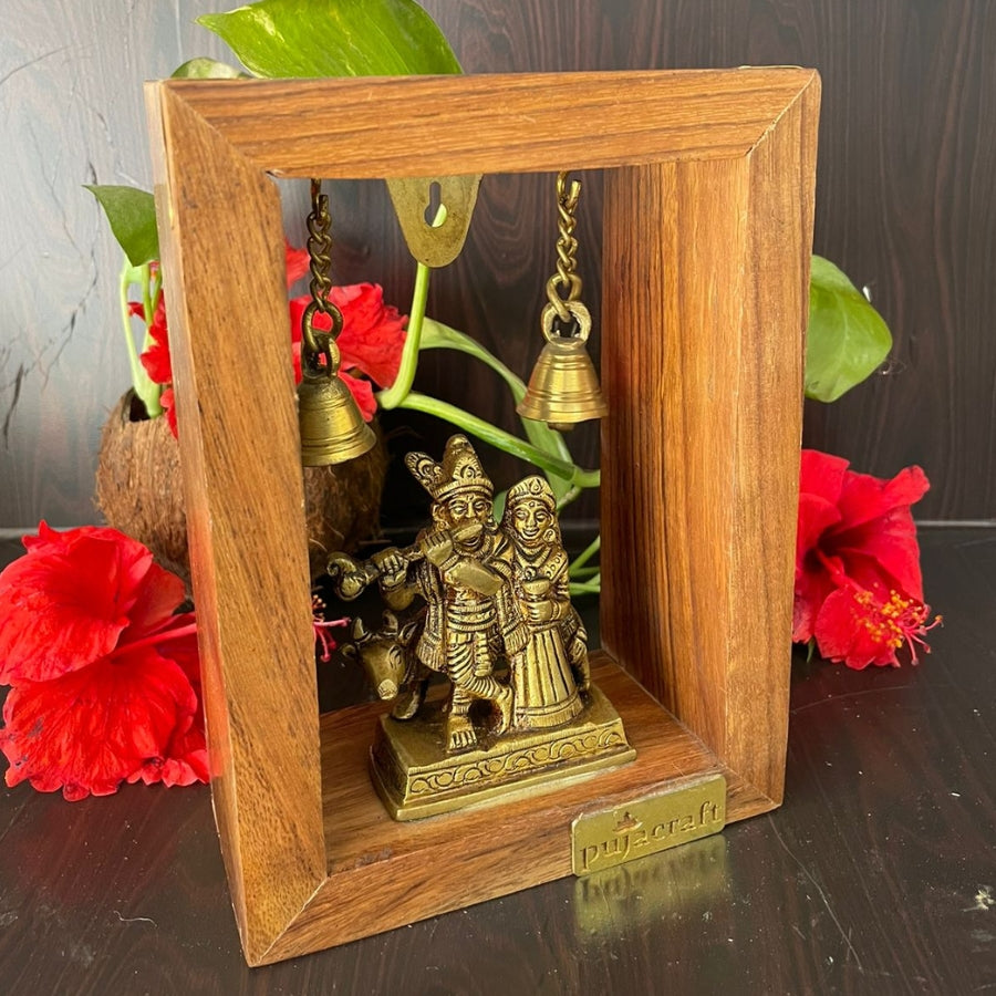 PujaCraft Brass RadhaKrishnan Idol with Wooden Frame ( Width: 3cm, Height: 8cm. Weight: 320 Grams )