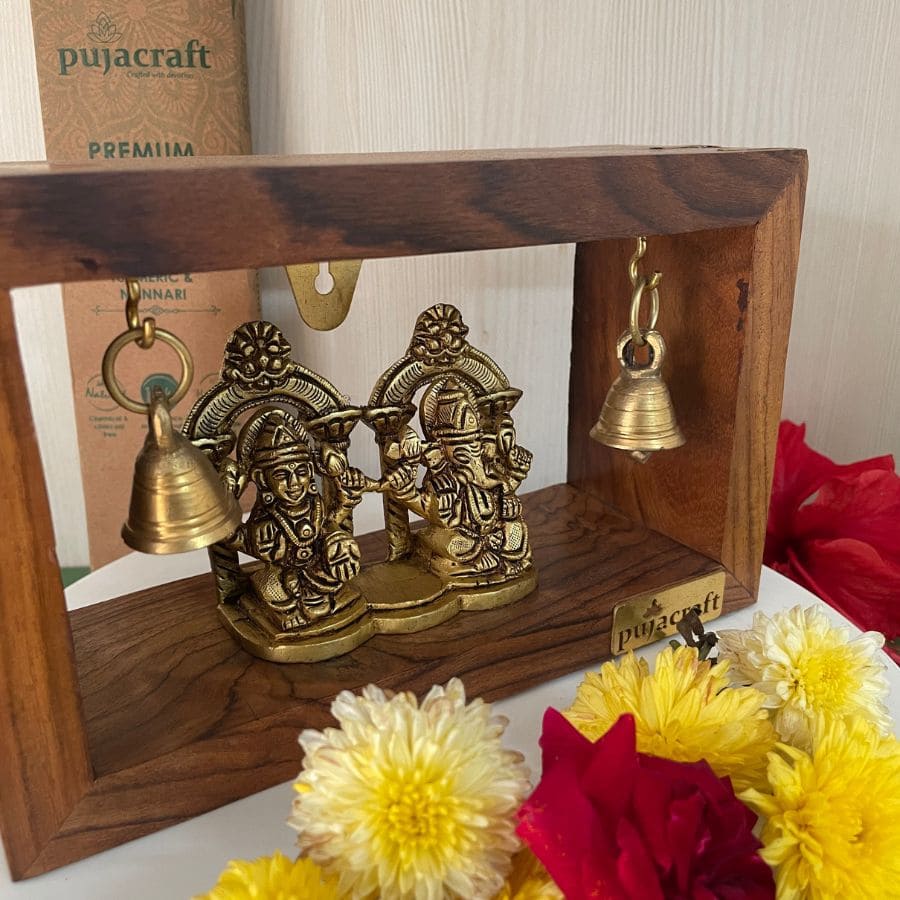 PujaCraft Brass Ganesha And Lakshmi Idol With Wooden Frame ( Width: 9cm, Height: 7cm, Weight: 405 Grams )
