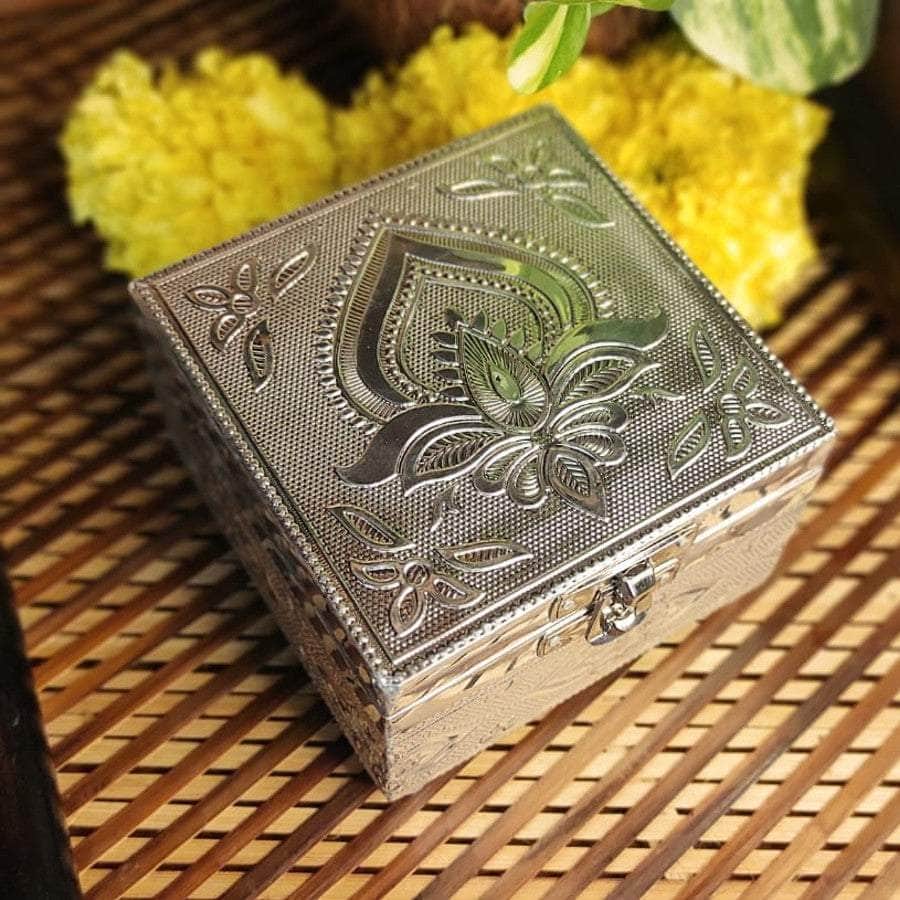 PujaCraft Pooja Decor White Matel Box | Gift Box | (Height: 6cm , Width: 10cm)