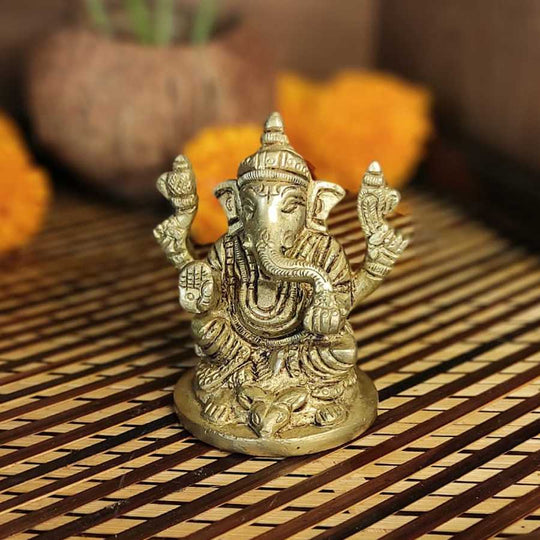 PujaCraft Brass Traditional Ganesha Handcrafted Idol  (Handmade Ganesha Idol, Height: 8cm , Width: 7cm , Weight: 425 Gram)