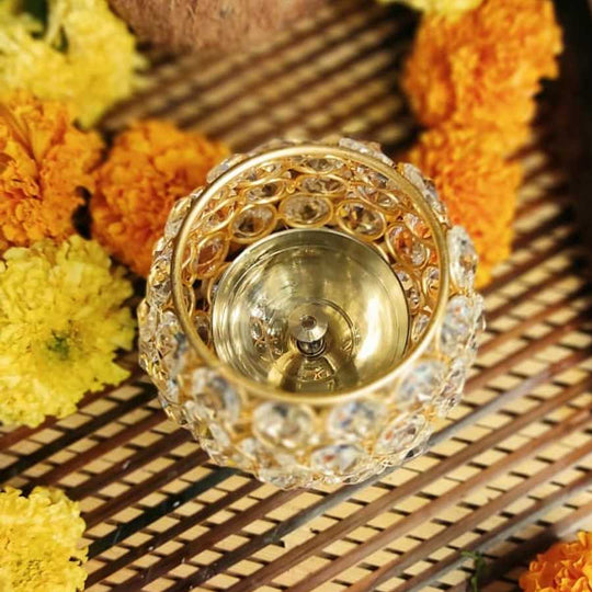 PujaCraft Brass Akhand Diya Diyas Decorative Brass Crystal Oil Lamp (Oval Shape Diwali Gifts Home Decor Puja Lamp, Height: 16cm , Width: 8.5cm , Weight: 345 Gram)