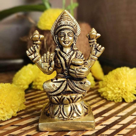 PujaCraft Brass Lakshmi With Plot of Wealth Idol (Handmade Collection , Height: 8cm , Width: 6cm , Weight: 445 Gram)