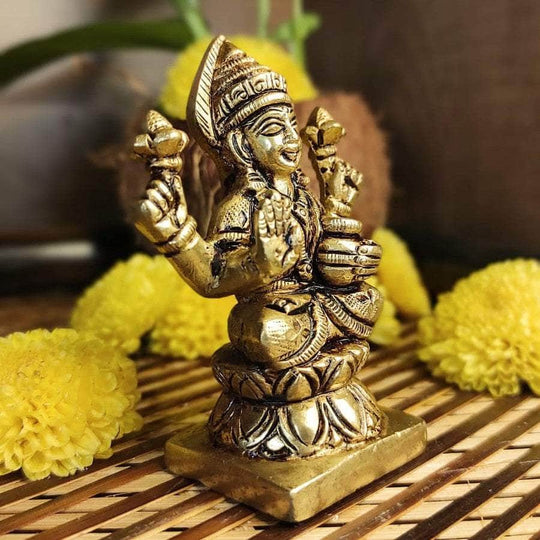 PujaCraft Brass Lakshmi With Plot of Wealth Idol (Handmade Collection , Height: 8cm , Width: 6cm , Weight: 445 Gram)