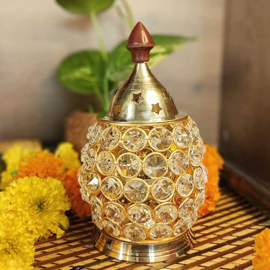 PujaCraft Brass Akhand Diya Diyas Decorative Brass Crystal Oil Lamp (Oval Shape Diwali Gifts Home Decor Puja Lamp, Height: 16cm , Width: 8.5cm , Weight: 345 Gram)