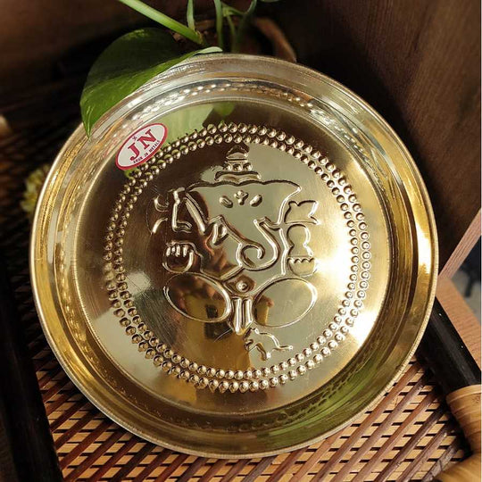 PujaCraft Brass Ganesha Poorvi Plate (Antique Plate , Height: 2cm , Width: 23cm , Weight: 210 Gram)