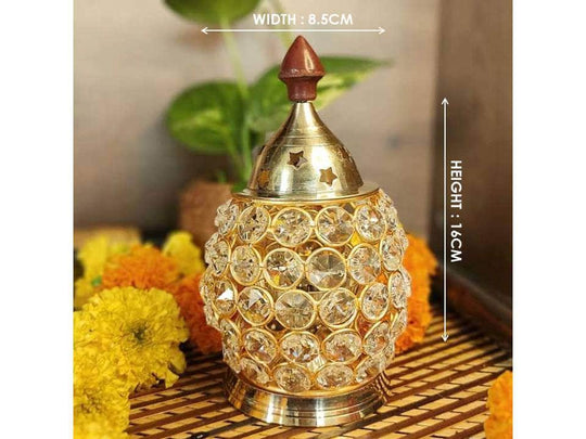 PujaCraft Brass Akhand Diya Diyas Decorative Brass Crystal Oil Lamp (Oval Shape Diwali Gifts Home Decor Puja Lamp, Height: 16cm , Width: 8.5cm , Weight: 345 Gram)