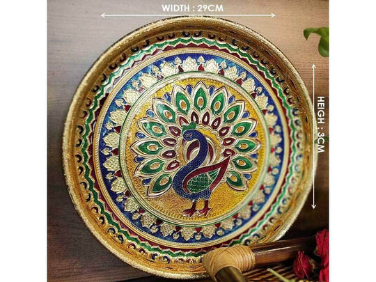 PujaCraft Big Decor Plate-Mina Thali-Peacock Plate (Peacock Painting, Height: 3cm , Width: 29cm)