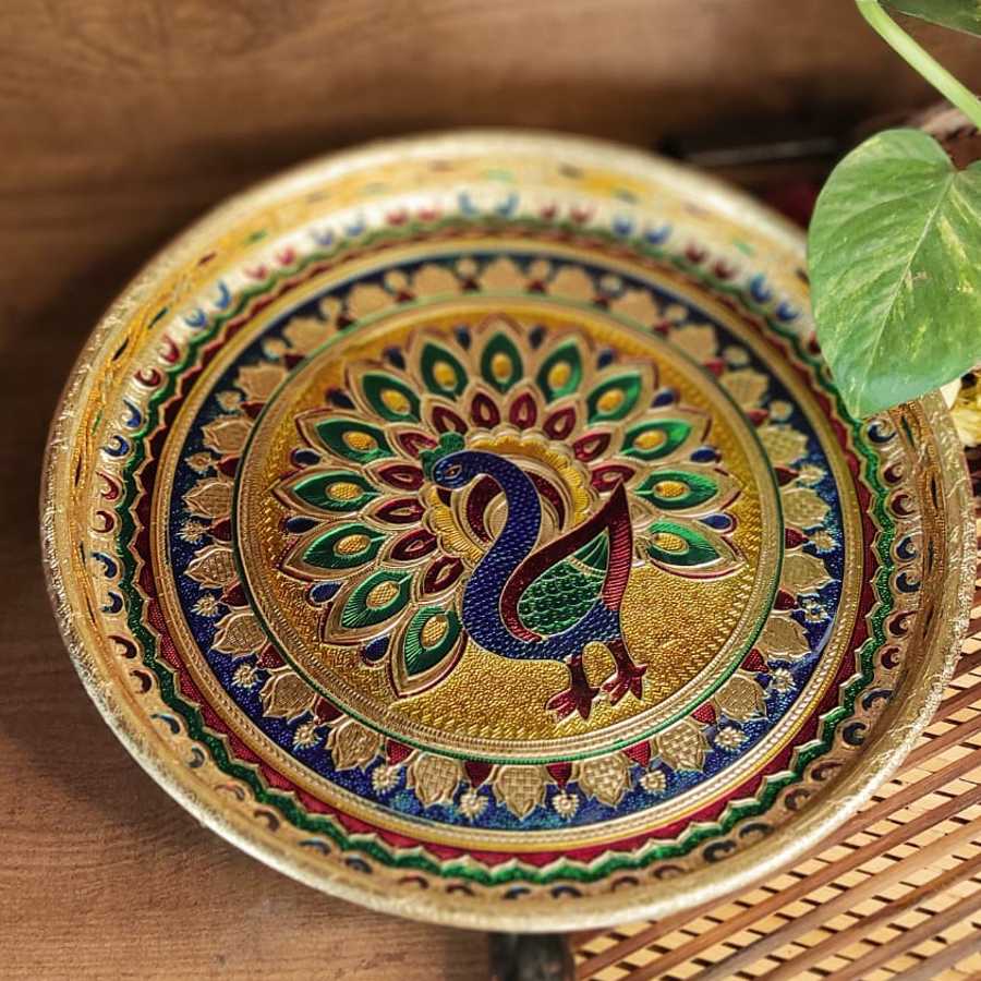 PujaCraft Decorate-mina thali-Peacock plate (peacock painting, Height: 3cm , Width: 23cm)