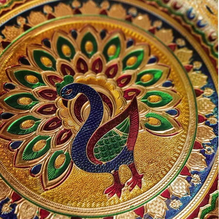 PujaCraft Big Decor Plate-Mina Thali-Peacock Plate (Peacock Painting, Height: 3cm , Width: 29cm)
